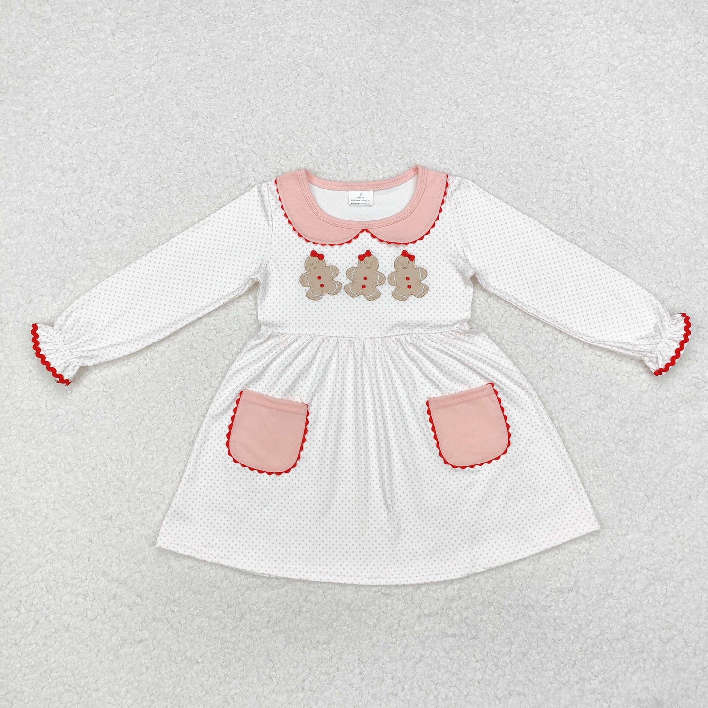 RTS NO MOQ ETA 5/7days arrived GLD0765 Embroidered gingerbread man embroidered collar pocket pink and white long-sleeved dress