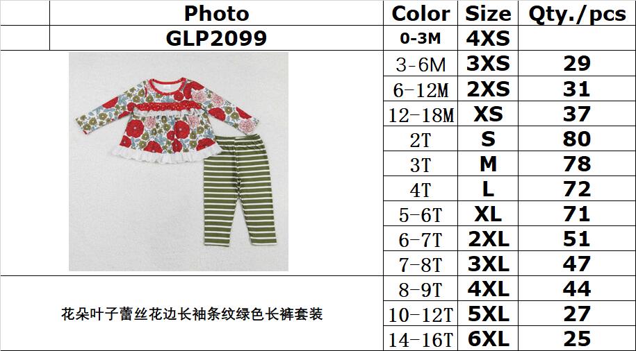 RTS NO MOQ ETA 5/7days Arrived GLP2099 Flower leaf lace long sleeve striped green trousers set