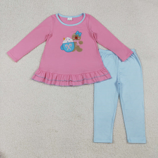 RTS NO MOQ（In Stock) GLP2467 Embroidered gingerbread man candy cup with pink lace and long-sleeved blue pants set
