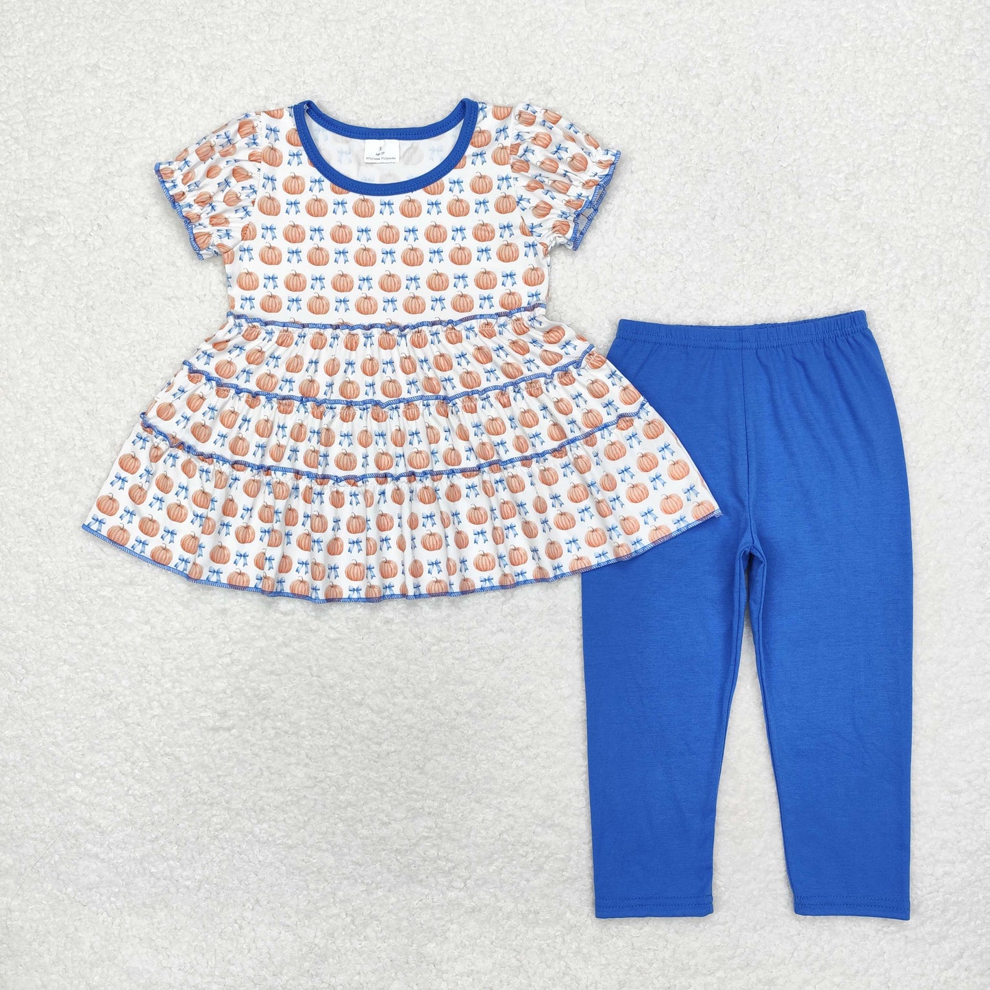 RTS no moq GSPO1678 Pumpkin Bow Pattern Short Sleeve Blue Pants Set