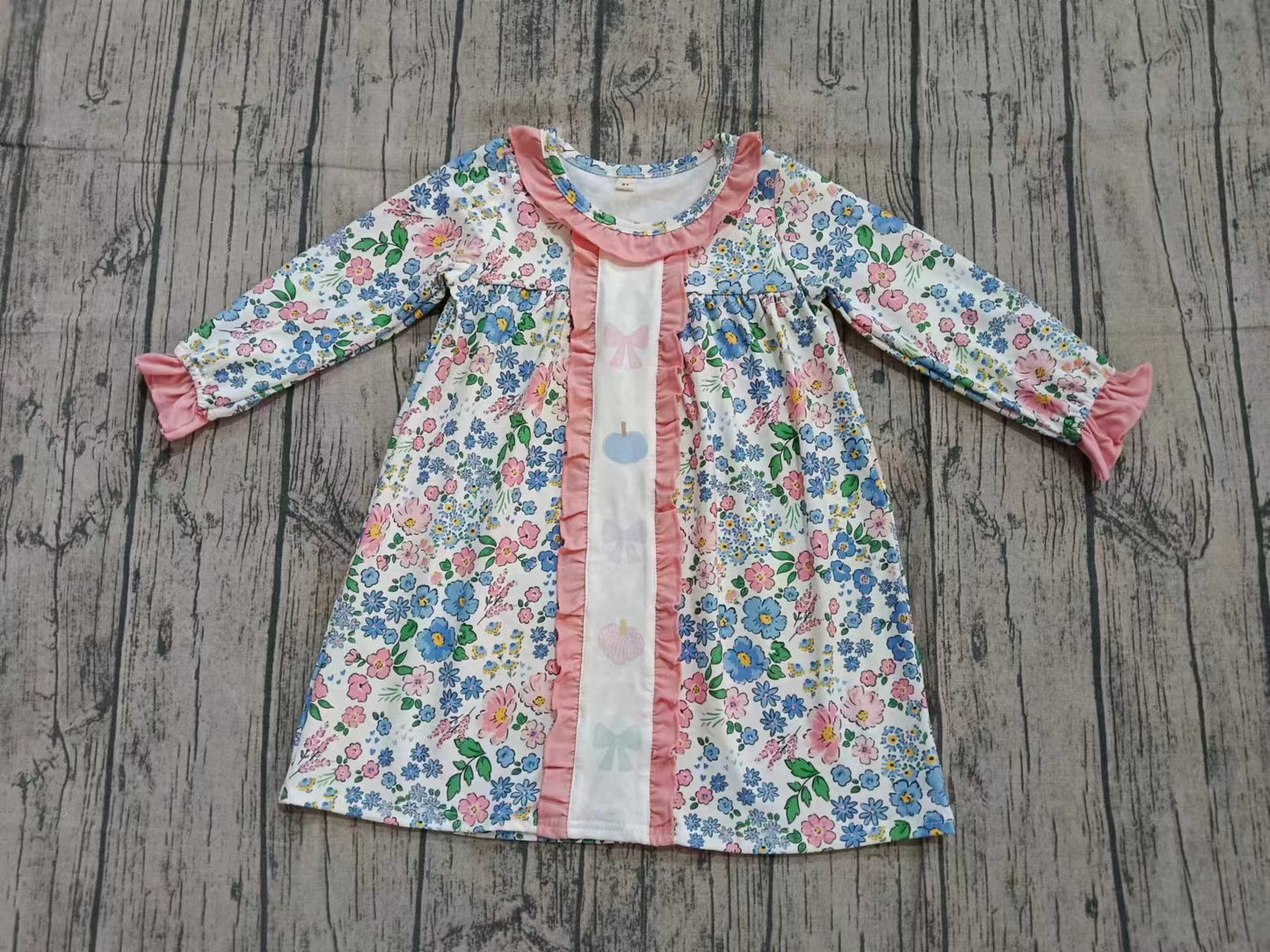 Custom moq 5 eta 6-7weeks baby girl clothes pumpkin bow floral pink long sleeve dress-25.9.13