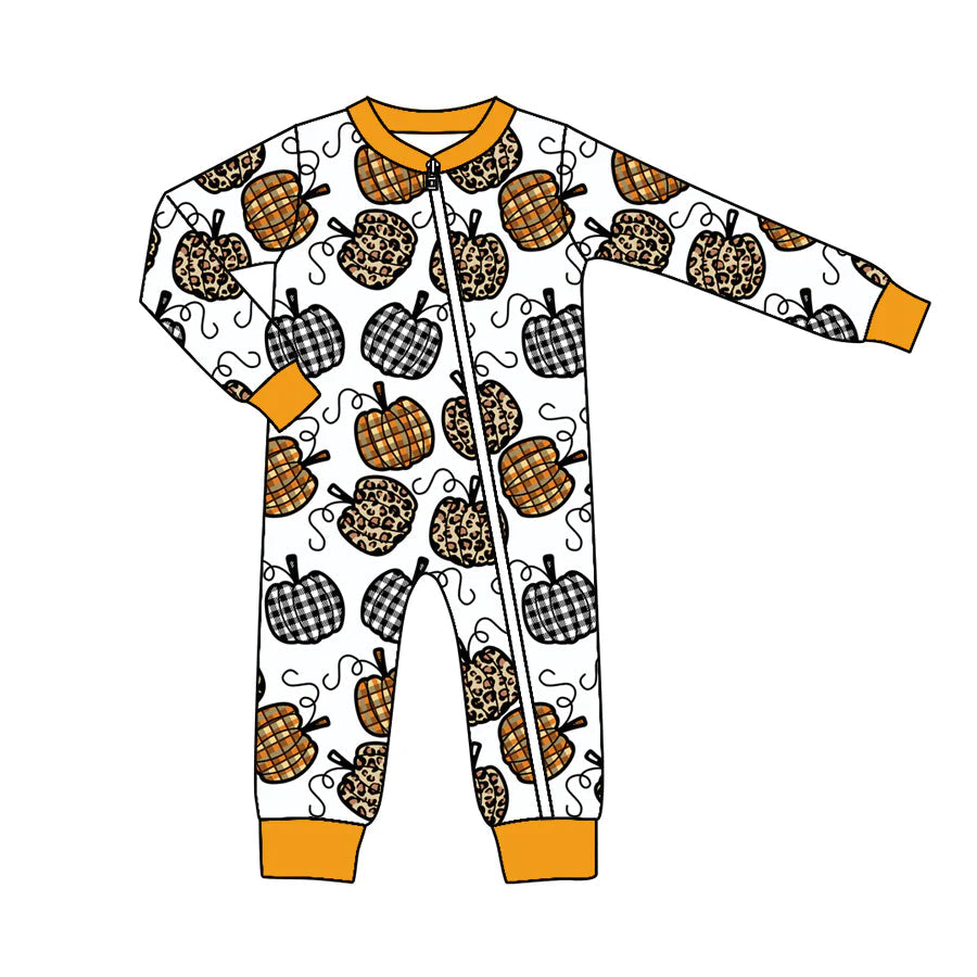 Deadline  October 7 custom no moq eta 6-8weeks Leopard & Plaid Pumpkin Pattern Long Zip-Up Romper in White