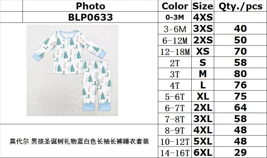 bamboo rts no moq BLP0633 Modal boy Christmas tree gift blue and white long-sleeved trousers pajama set