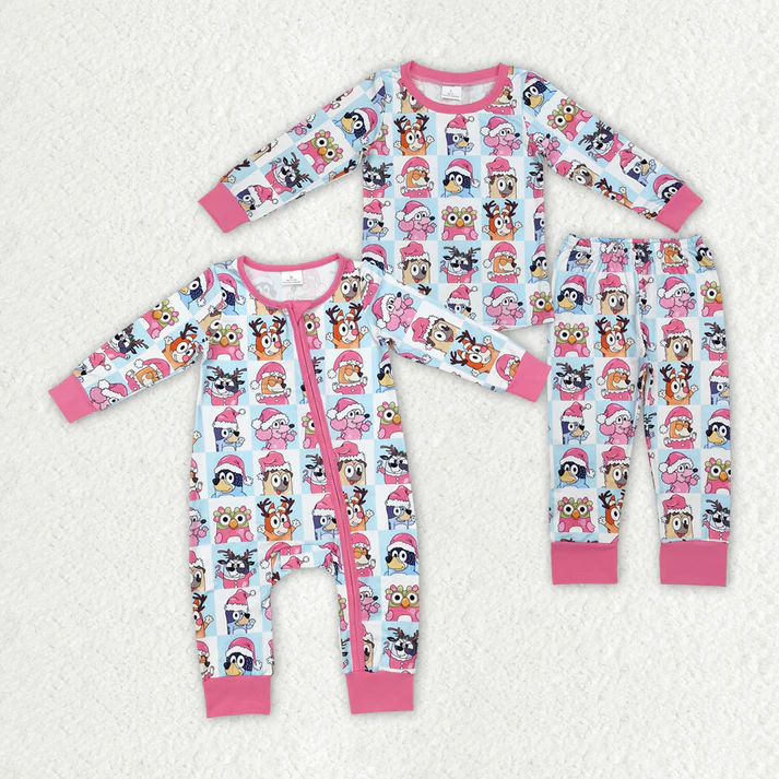 RTS NO MOQ Baby Girls Christmas Dogs Pink Rompers Pajamas