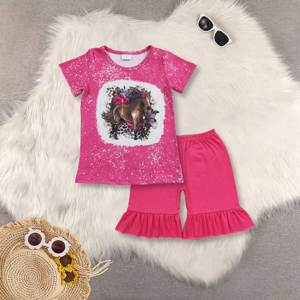 RTS NO MOQ Sibling baby girls clothes rose red short sleeve shorts sets and Top and shorts