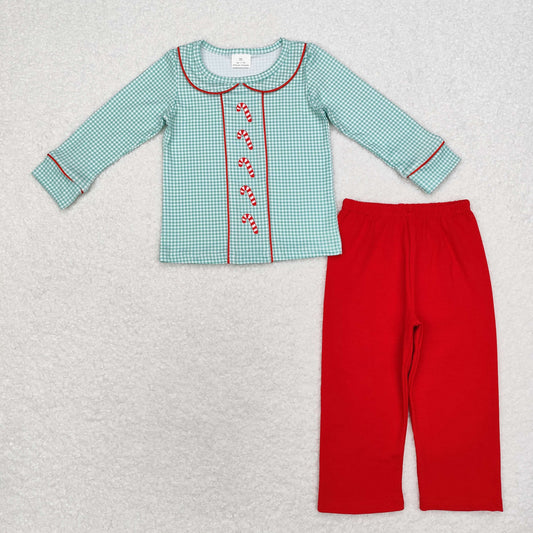 rts no moq BLP0752 Christmas cane green plaid doll collar long-sleeved red trousers set