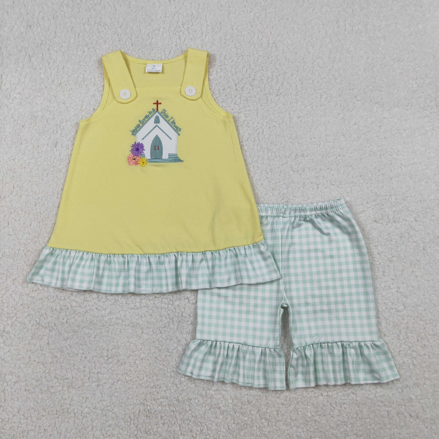 RTS NO MOQ（In Stock) GSSO2966 Embroidered Cross Flower Green Check Lace Yellow Sleeveless Shorts Set