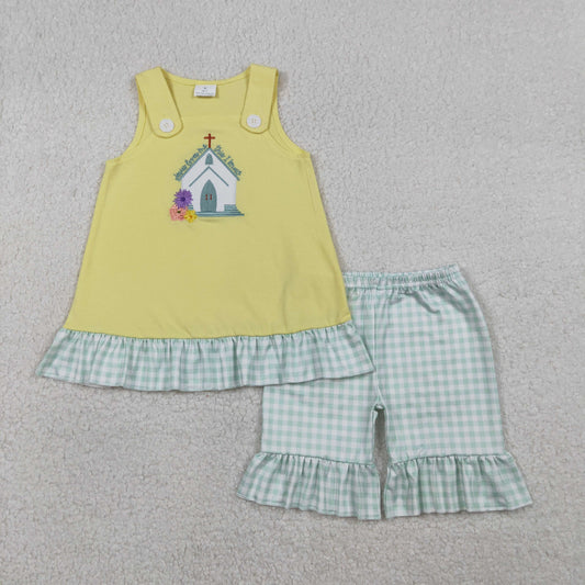 RTS NO MOQ（In Stock) GSSO2966 Embroidered Cross Flower Green Check Lace Yellow Sleeveless Shorts Set