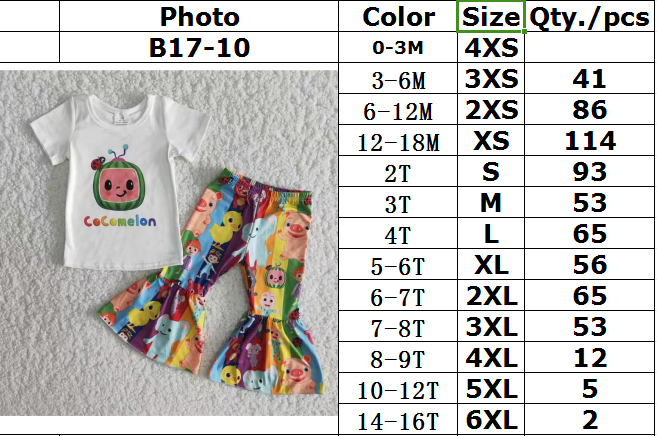 B17-10 cocomelon short sleeve cartoon flared pants suit