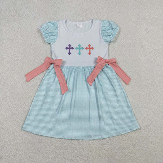 RTS NO MOQ（In Stock ) GSD2807 Embroidered Easter Cross Pink Bow Blue Plaid Short-Sleeve Dress