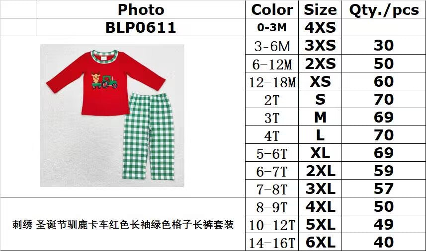 rts no moq BLP0611 Embroidered Christmas Reindeer Truck Red Long Sleeve Green Plaid Pants Set