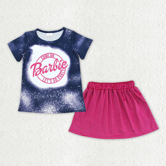GT0310 + GLK0017 barbie letter blue and black short sleeve top Rose gold velvet skirt