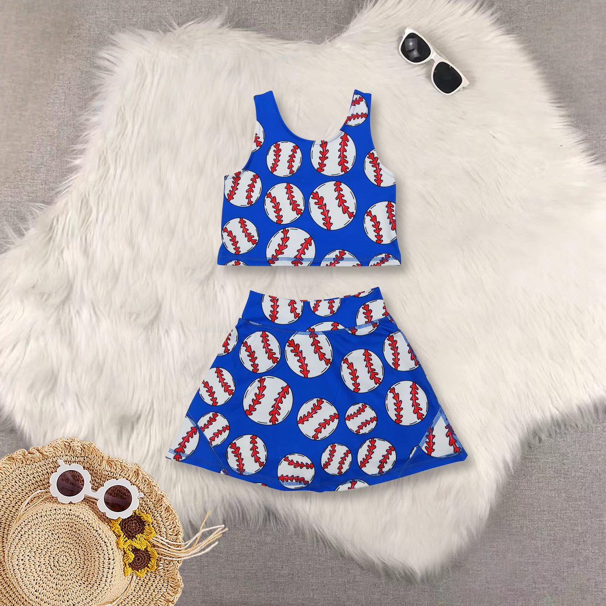 RTS NO MOQ Sibling baby girl clothes baseball sleeveless skirt yoga set