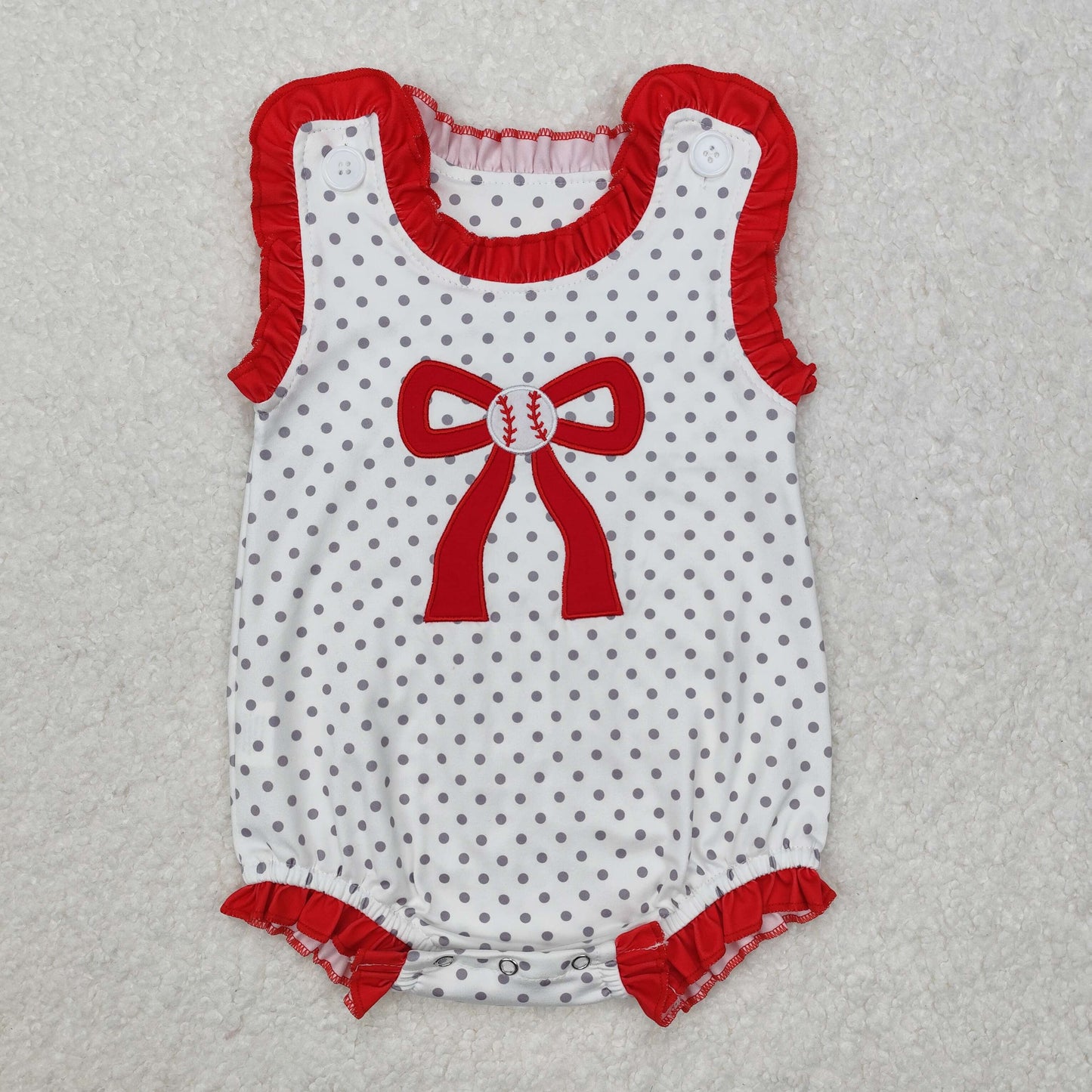 RTS NO MOQ ETA 5/7days arrived SR2376 Embroidered baseball red bow polka dot white vest jumpsuit