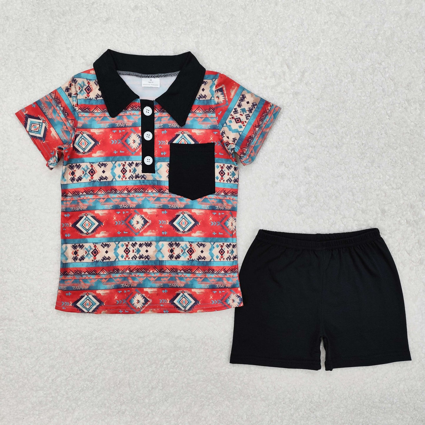 RTS NO MOQ ETA 5/7days Arrived BSSO1140 Geometric black pocket blue and red short sleeve shorts set