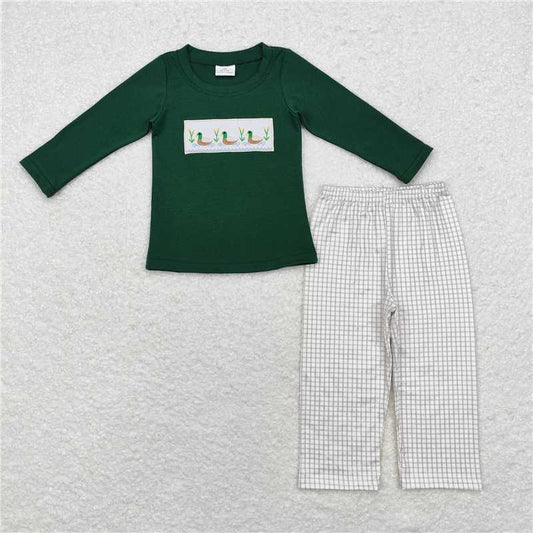 RTS NO MOQ（In Stock) BLP0717 Baby Boys green embroidery Duck Pocket Top Pants Outfits Sets