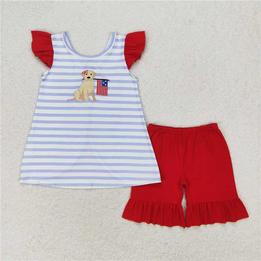 RTS NO MOQ（In Stock) Embroidered puppy flag striped short-sleeved red shorts suit