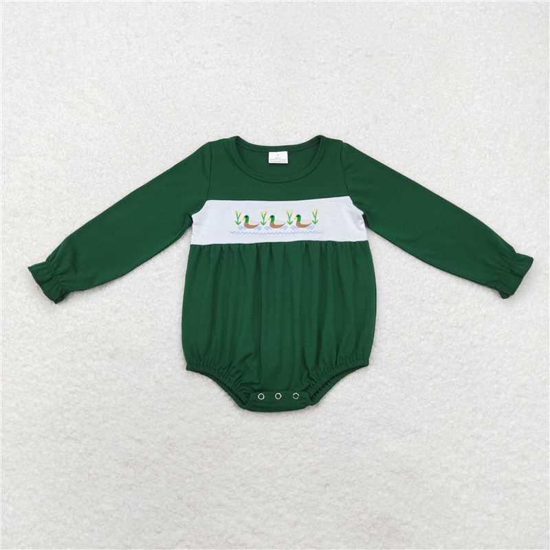 RTS NO MOQ（In Stock) LR1466 Girl green long sleeve bodysuit with embroidered duck