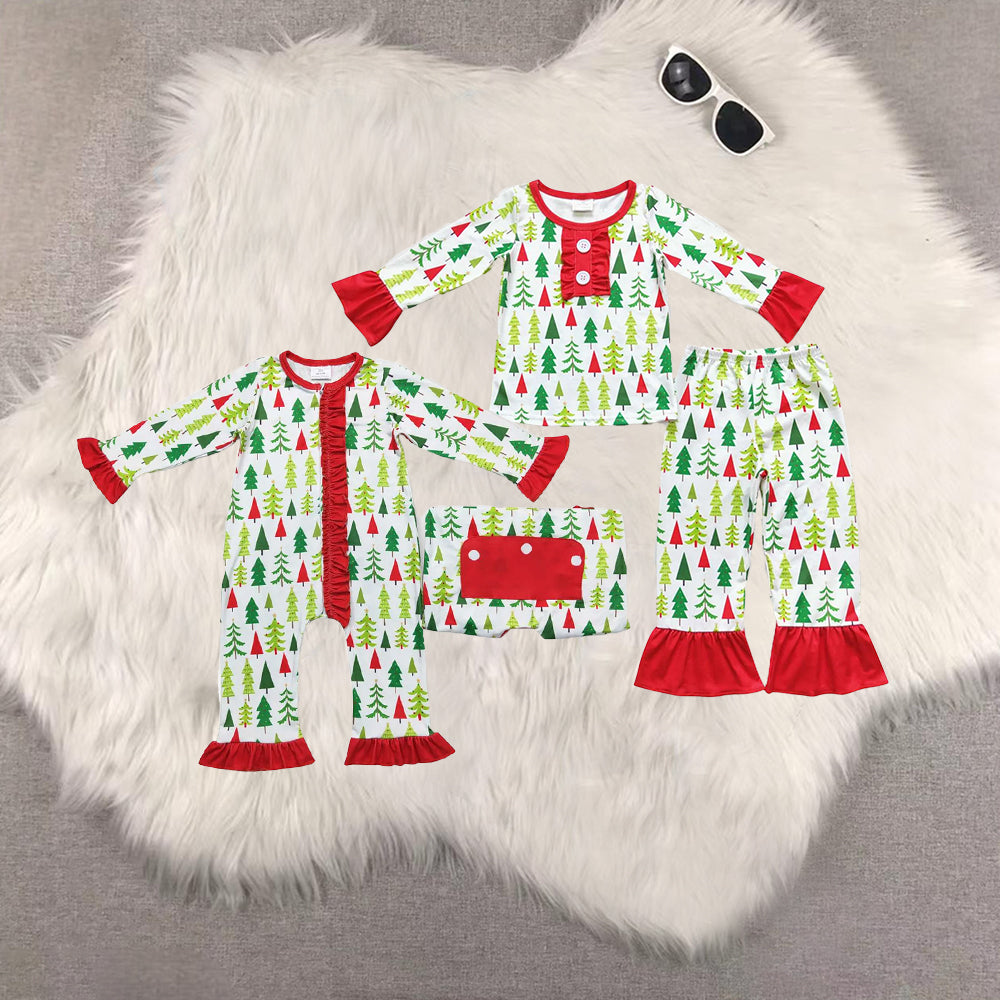 RTS NO MOQ Sibling Baby Girls Christmas Trees White Pajamas Clothes Sets rompers