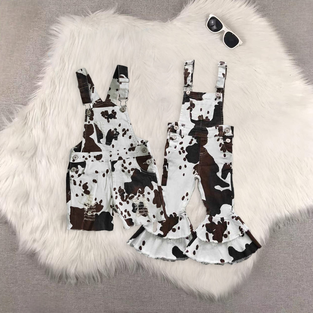 RTS NO MOQ Sibling baby girl clothes cow print camouflage denim overbell