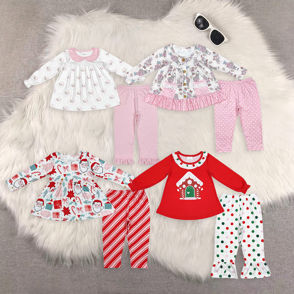 RTS NO MOQ Sibling Baby Girls Christmas trees Long Sleeve Pants Set