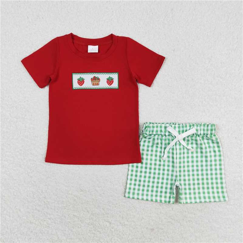 RTS NO MOQ（In Stock) Embroidered strawberry Short Sleeve Shorts Set
