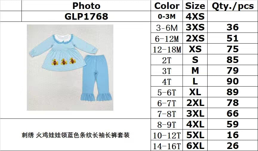 RTS NO MOQ ETA 5/7days Arrived GLP1768 Embroidered Turkey Doll Collar Blue Stripe Long Sleeve Pants Set