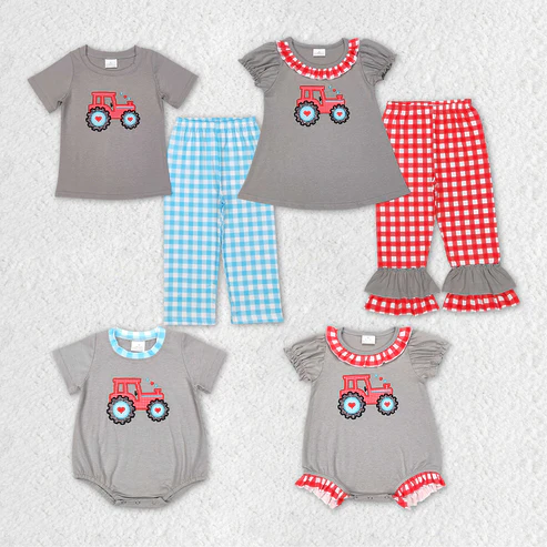 Baby Girls Boys Valentines Tractor Designs Rompers Sibling Clothing Sets