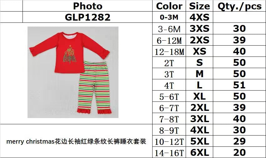 rts no moq GLP1282 merry christmas lace long sleeve red and green striped trousers pajamas set