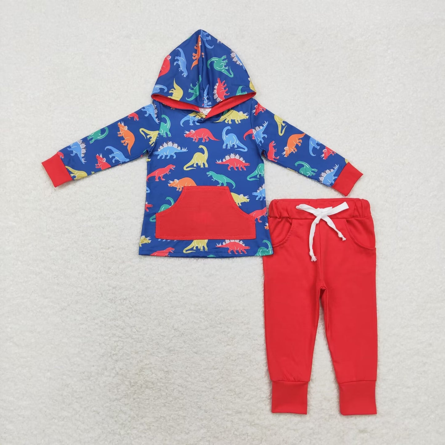 RTS NO MOQ（In Stock) BLP0637 Dinosaur navy blue hooded long-sleeved red trousers set
