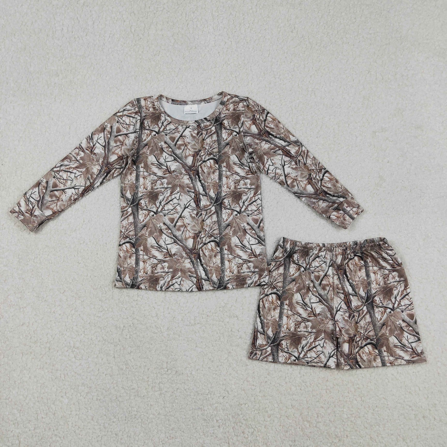 RTS NO MOQ（In Stock) Jungle Branch and Leaf Long-Sleeved Shorts Set