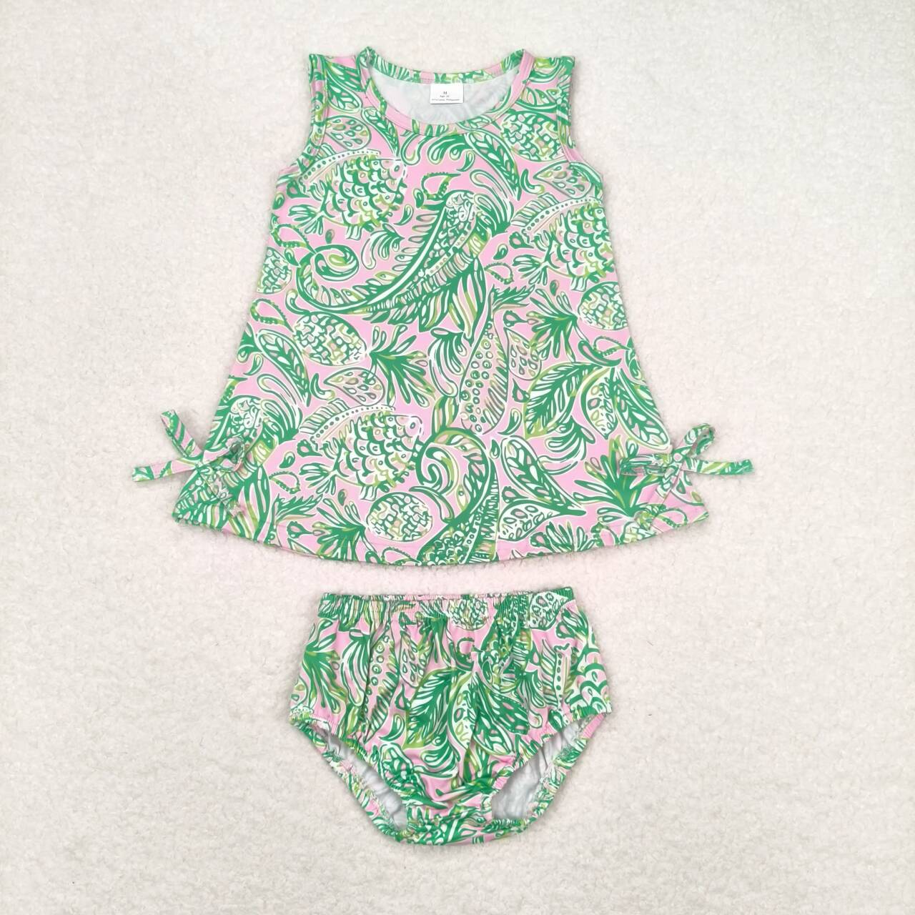 RTS no moq Leaf pattern pastel green sleeveless briefs set Rose red sleeveless briefs with conch shell pattern Floral blue sleeveless briefs set