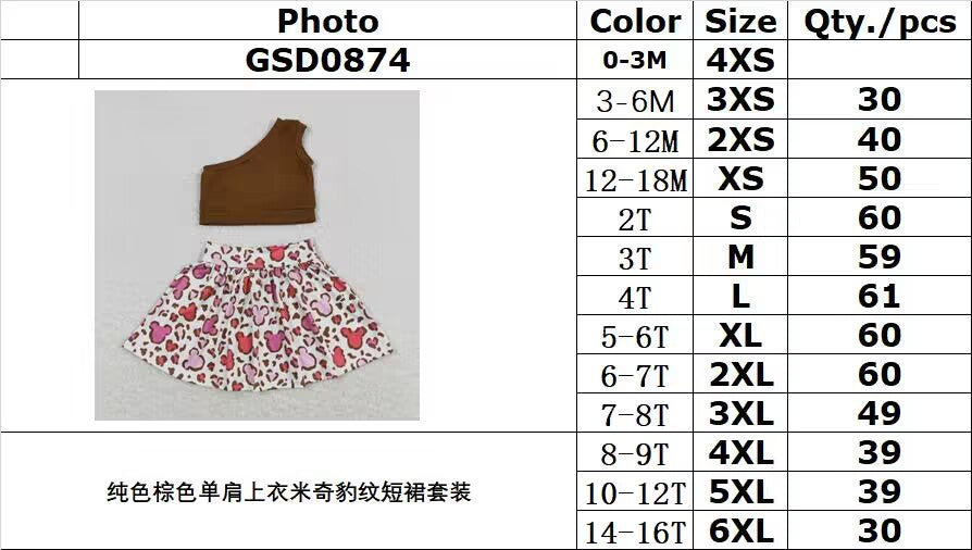 GSD0874 Solid Brown One Shoulder Top Mickey Leopard Print Skirt Suit