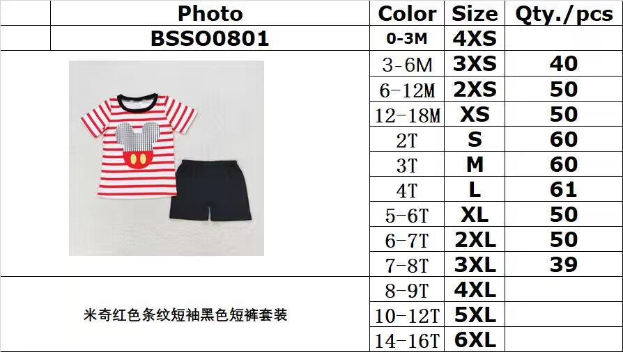 rts no moq BSSO0801 Mickey red striped short sleeve black shorts set