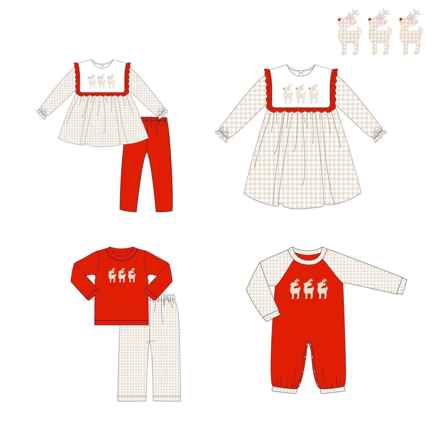 moq  3 each style mix size eta 6-7week Christmas Red Plaid Deer Head Christmas July Suit Romper Suit