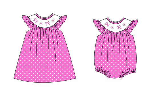3.15 custom each style moq 5eta 4-6week Sibling Sister bow baby girl short sleeve dress and rompers match family design