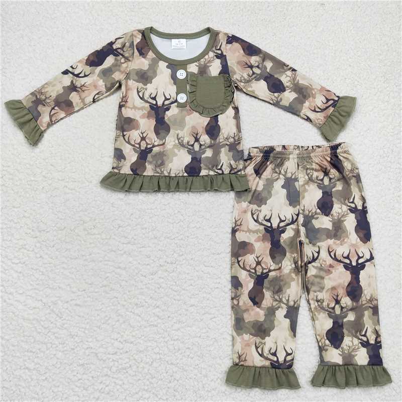 RTS Baby Kids deer prints green Sibling Rompers Clothes Set