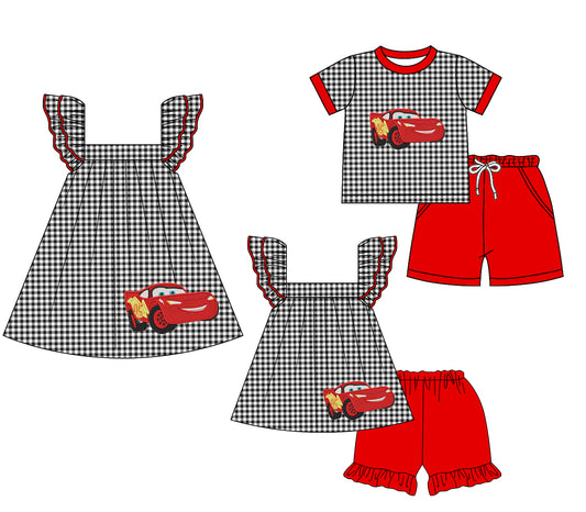 1.24 custom each style moq 5eta 4-6week Sibling Sister cars baby girl short sleeve shorts sets and sets 2 and dress match design