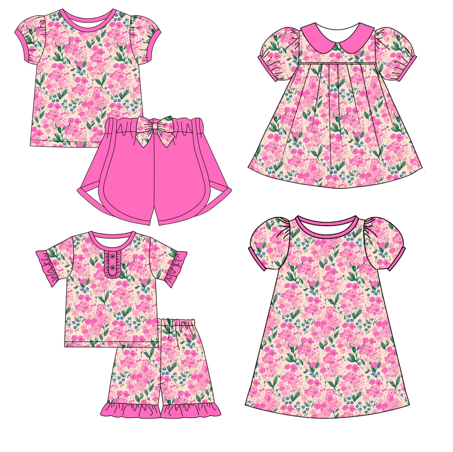 12.31 custom each style moq 5eta 4-6week Sibling Sistes floral baby girl short sleeve shorts sets 1 and sets 2 and dress 1 and dress 2 match family design