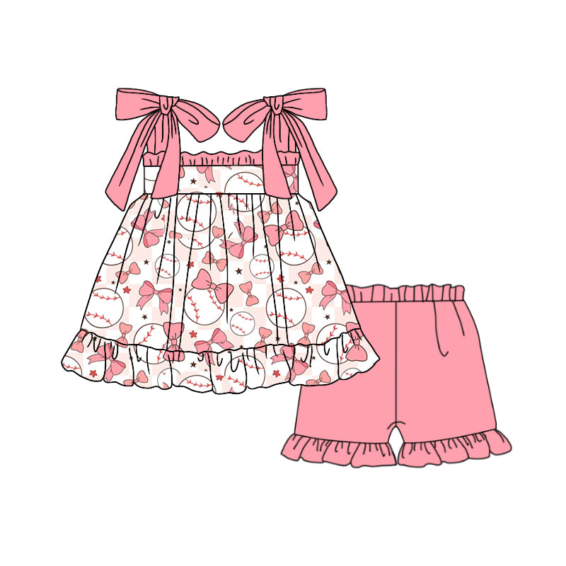 4.27custom moq 5 eta 4-5weeks baseball bowtie prints pink suspender skirt with pink shorts