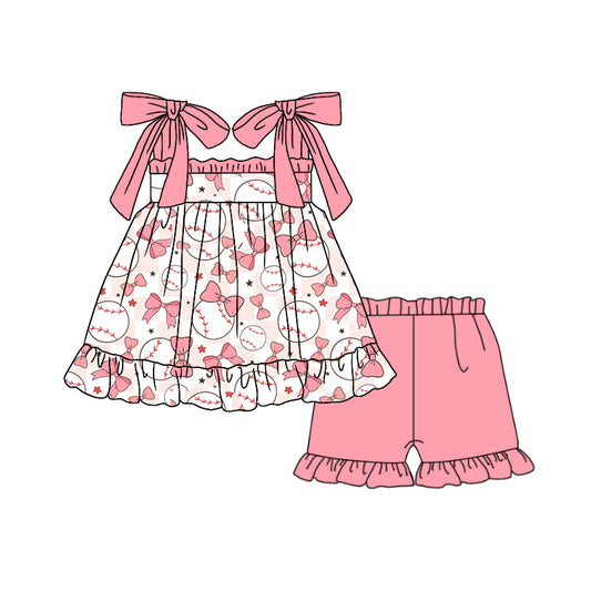 4.27custom moq 5 eta 4-5weeks baseball bowtie prints pink suspender skirt with pink shorts