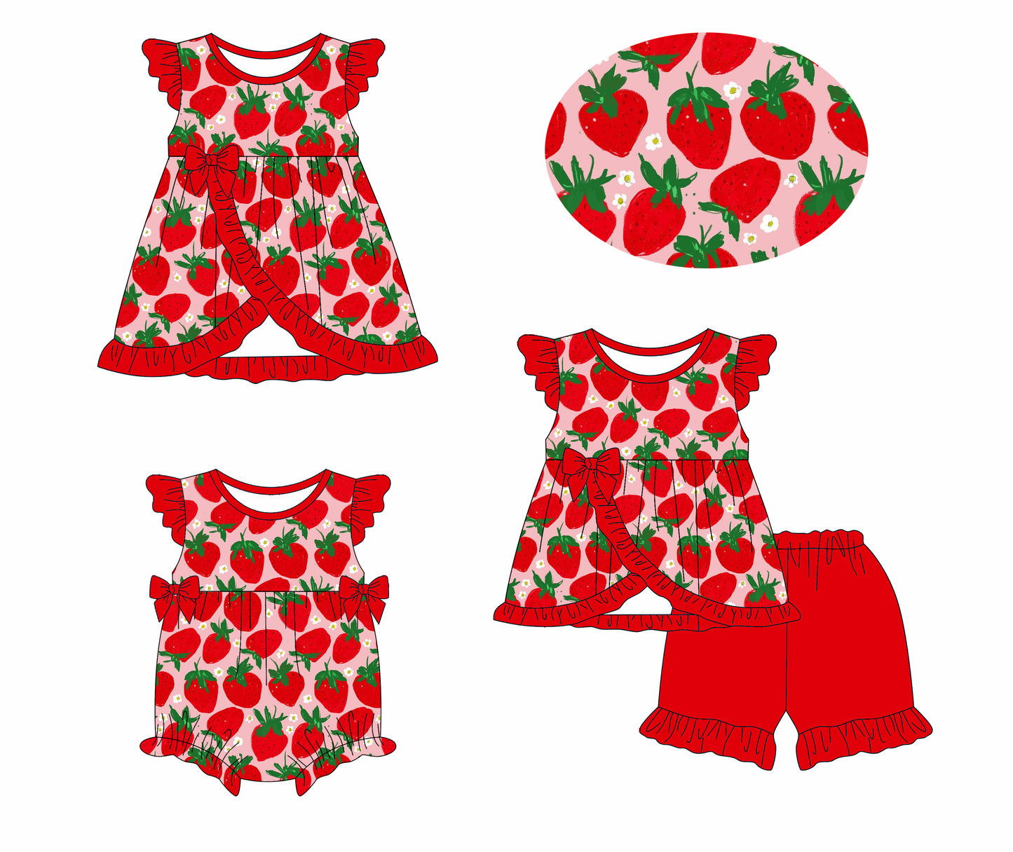 1.13 custom each style moq 5eta 4-6week Sibling Sisters strawberry baby girl short sleeve shorts sets and dress and rompers match family design