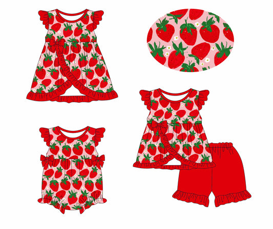 1.13 custom each style moq 5eta 4-6week Sibling Sisters strawberry baby girl short sleeve shorts sets and dress and rompers match family design