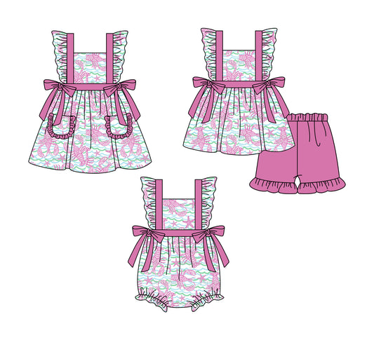 1.6 custom each style moq 5eta 4-6week Sibling Sister crayfish baby girl short sleeve shorts sets and dress and rompers match family design