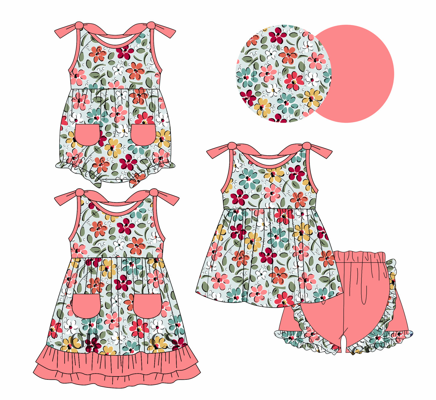 1.7 custom each style moq 5eta 4-6week Sibling Sister floral baby girl short sleeve shorts sets and dress and rompers match family design