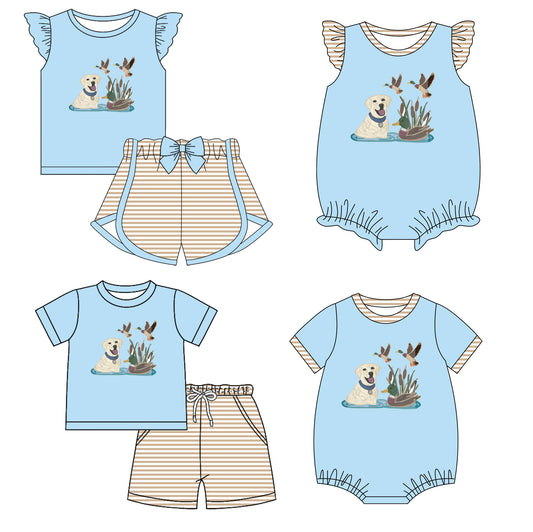 2.12 custom each style moq 5eta 4-6week Sibling Sister puppy duck baby girl short sleeve shorts sets and sets 2 and boy romper and girl romper match design