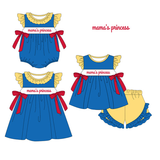 1.14 custom each style moq 5eta 4-6week Sibling Sisters mama princess baby girl short sleeve shorts sets and dress and rompers match family design