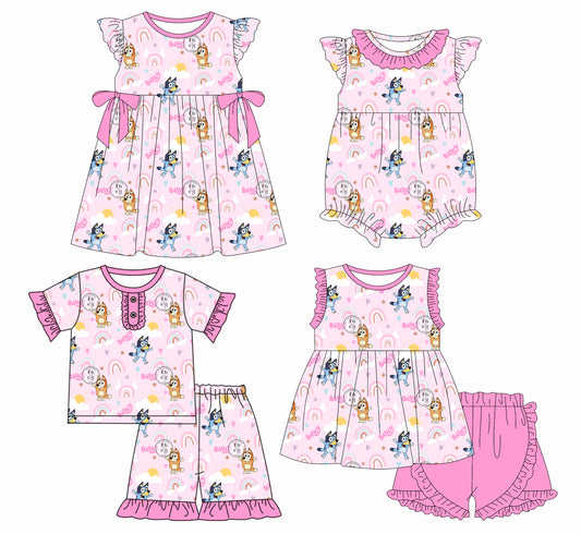 1.15 custom each style moq 5eta 4-6week Sibling Sister cartoon dog baby girl short sleeve shorts sets and sets 2 and boy romper and dress match design