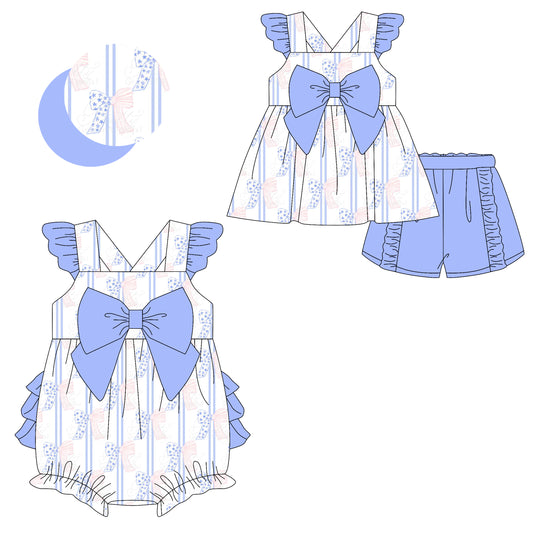 2.8 custom each style moq 5eta 4-6week Sibling Sister bow baby girls short sleeve shorts sets and romper match design