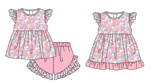 25.11.21 custom each style moq 5 eta 6-8week Sibling Sister floral baby girl short sleeve shorts sets and dress match design